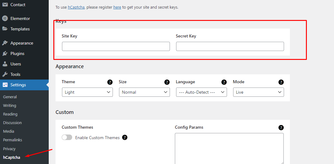 hCaptcha settings